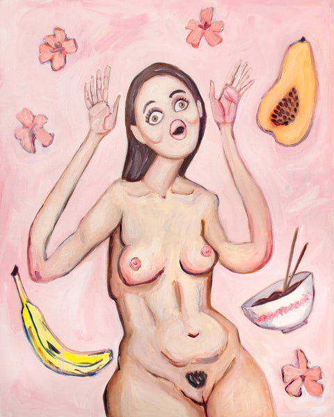 Contemporary art oil painting for sale. Woman with no nose, with fruit and flowers and a bowl of noodles flying all around her. A very pink painting. Artist Heather Buchanan