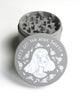 beautiful matte grey cannabis grinder with white printing of original illustration